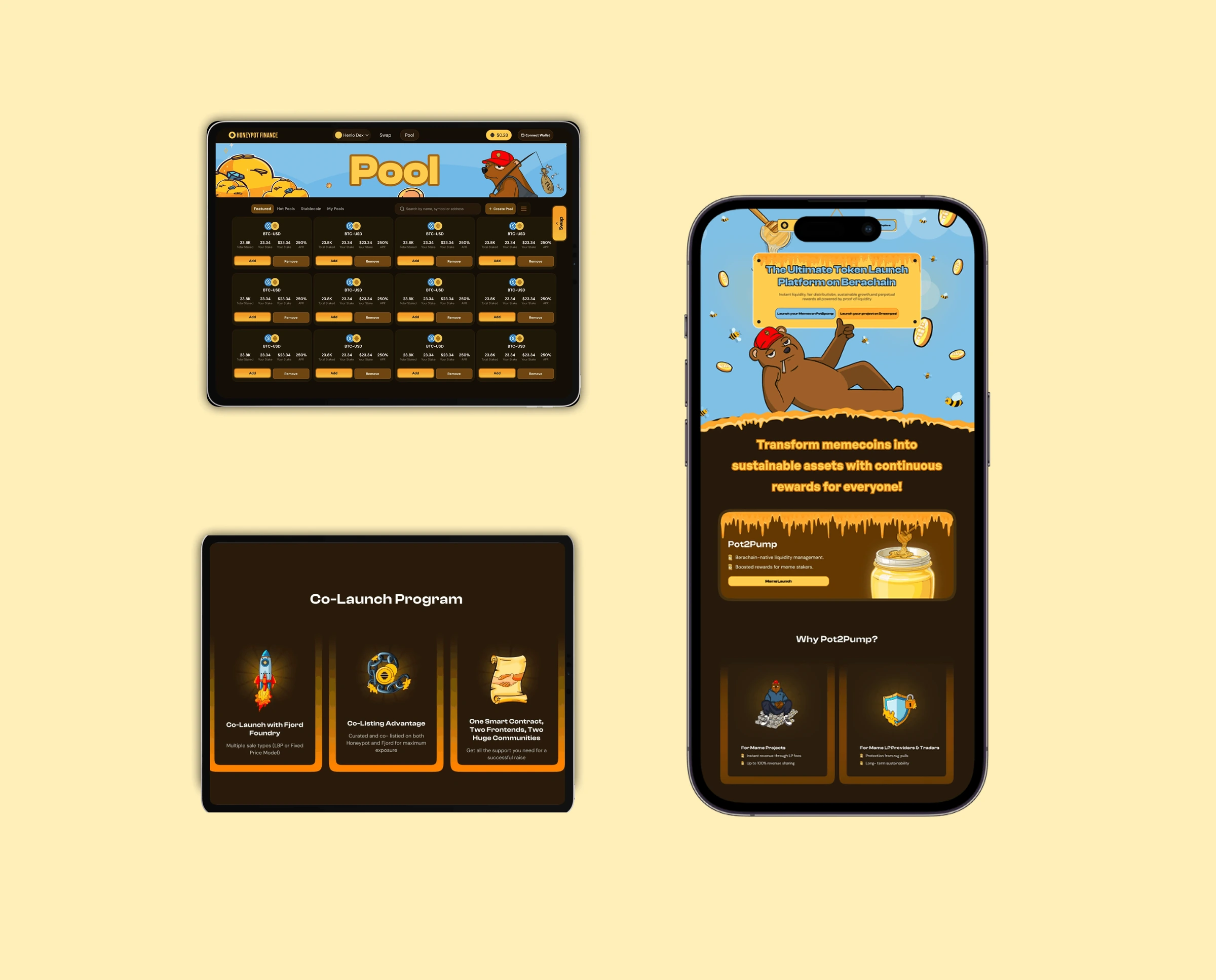 The Pool page, the Co-Launch Program and the Pot2Pump launch page on mobile