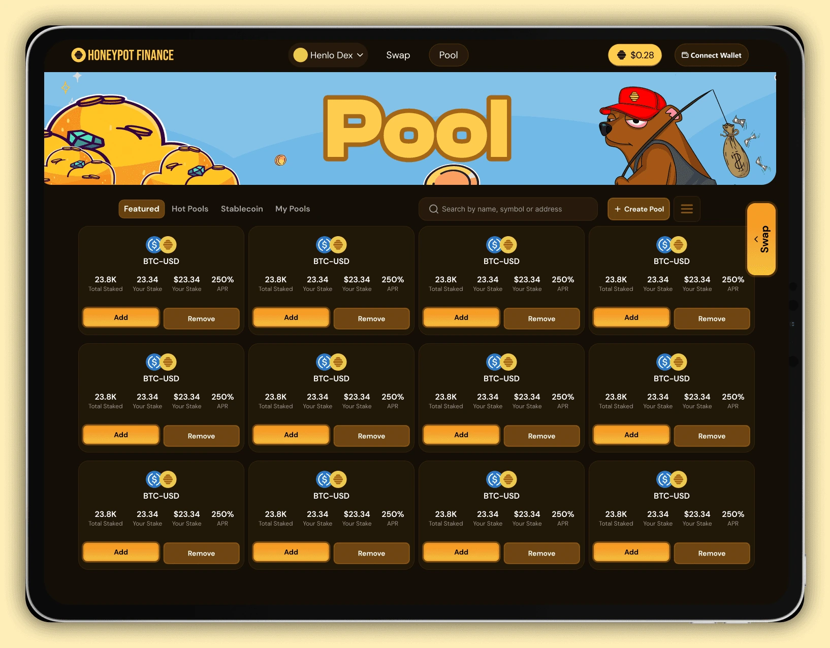 Pool page: every pool, the same four numbers