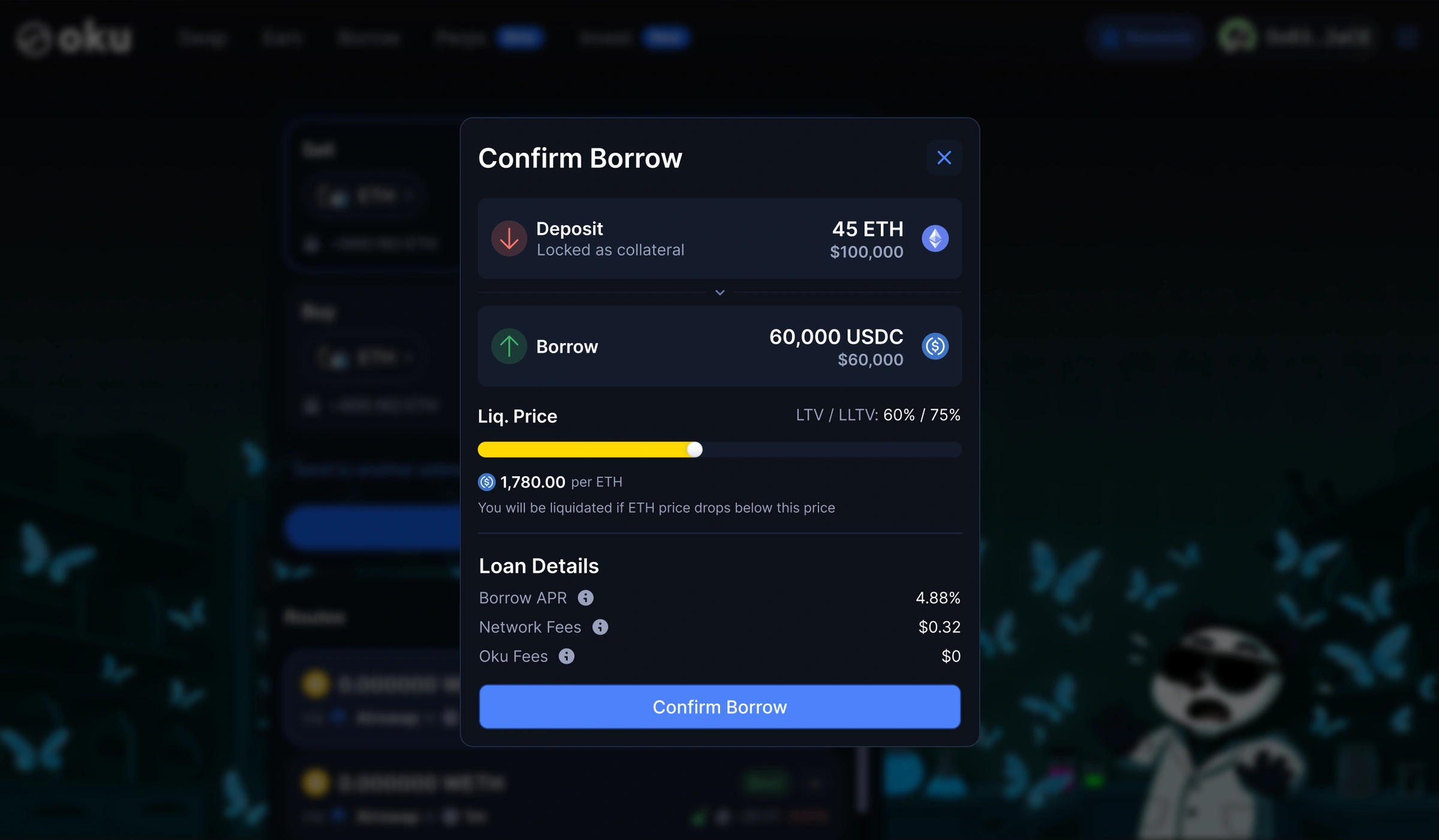 Transaction preview: the liquidation price and loan details before confirming